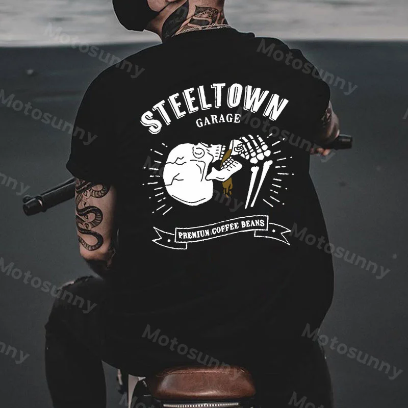 MOTOSUNNY STEELTOWN Skull is Drinking Graphic Black Print T-shirt