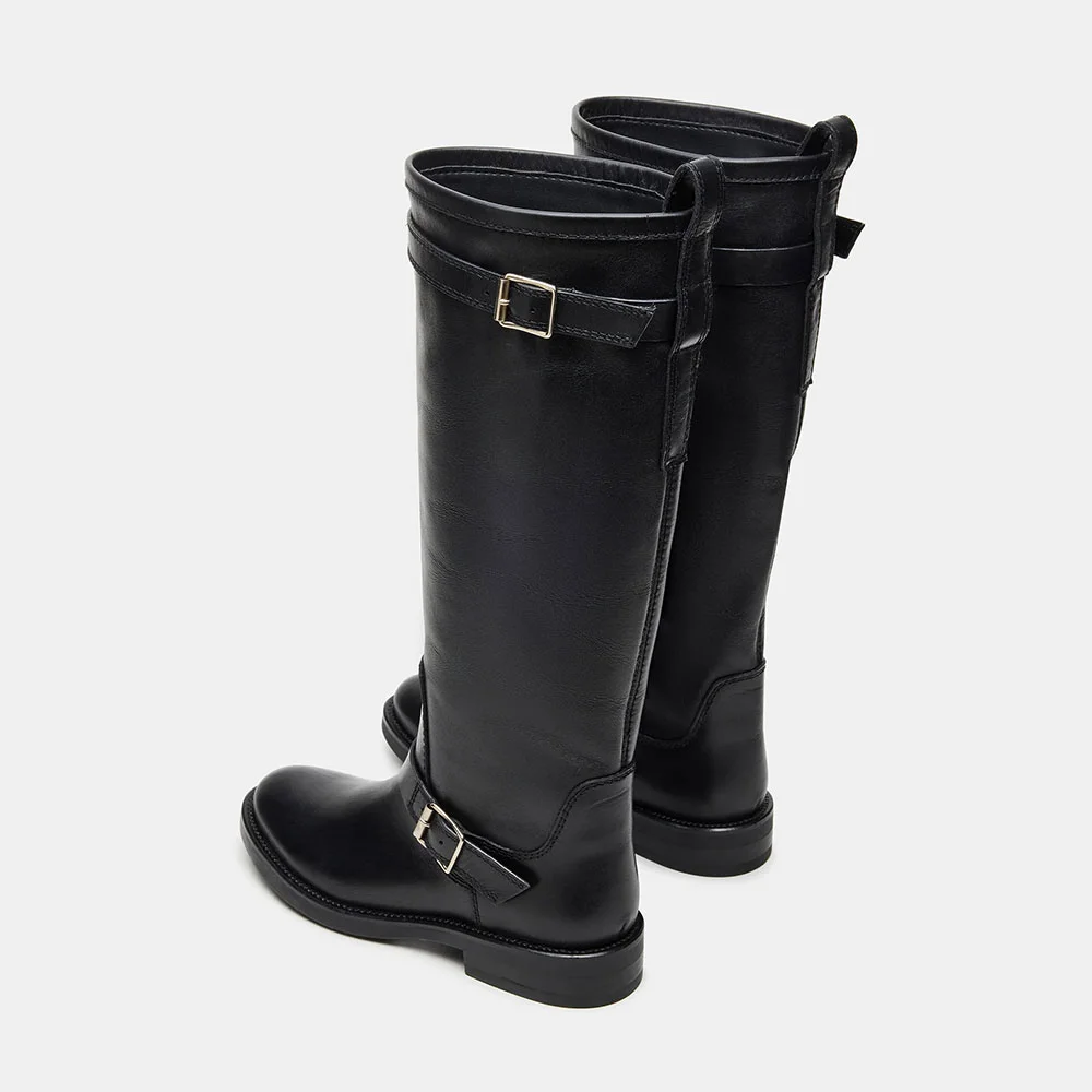 Black Round Toe Chunky Heel Buckle Knee High Boots for Women