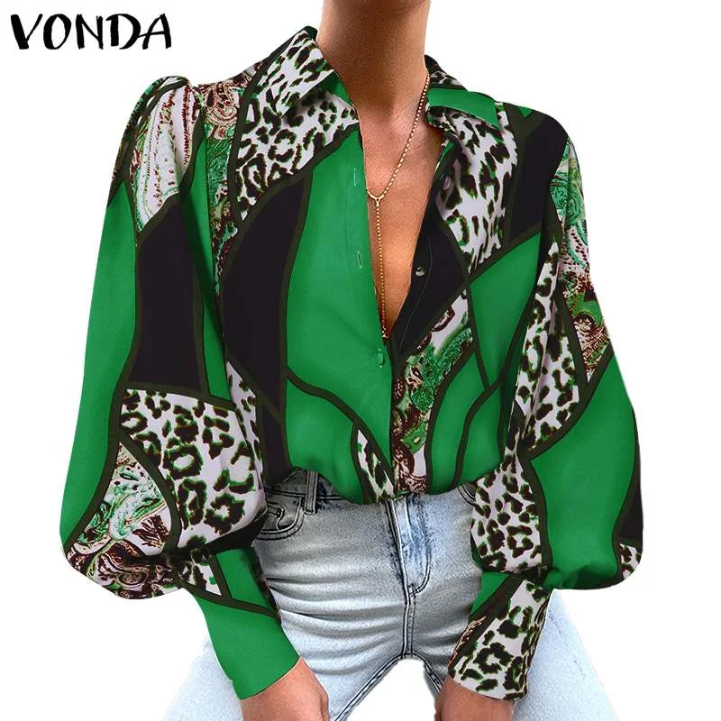 Printed Blouse Women Casual Long Sleeve Shirts 2022 VONDA Vintage Lapel Collar Casual Tops Beach Holiday Blouse Blusas Femininas