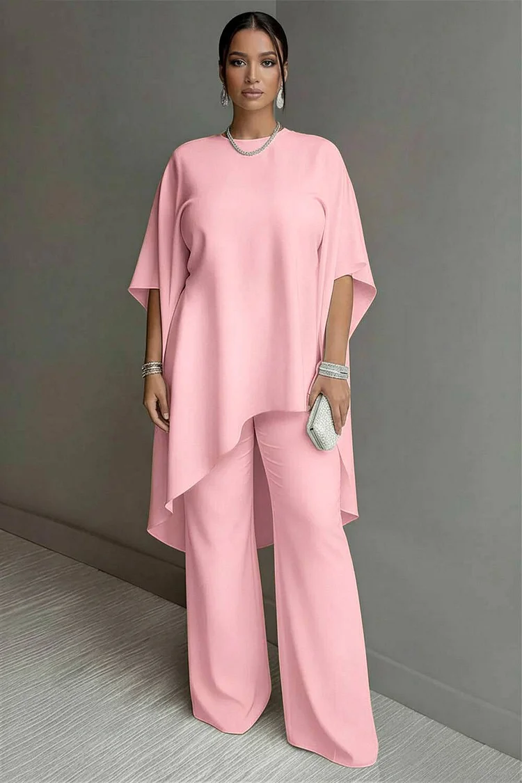 Xpluswear Design Plus Size Vacation Pink Round Neck Flare Half Sleeve Asymmetric Hem Pocket Chiffon Two Piece Pant Sets [Pre-Order] 2024 - Xpluswear