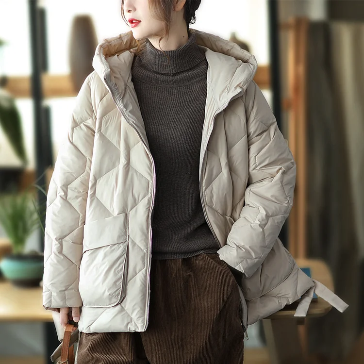 Loose Splicing Hooded Long Sleeve Thickened Down Jacket