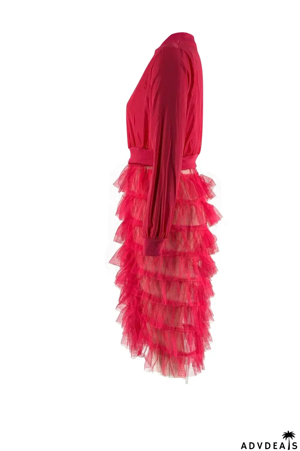 Red Casual Patchwork Mesh Zipper Collar Outerwear