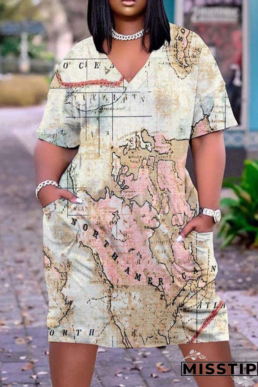 Khaki Casual Print Patchwork V Neck Straight Dresses