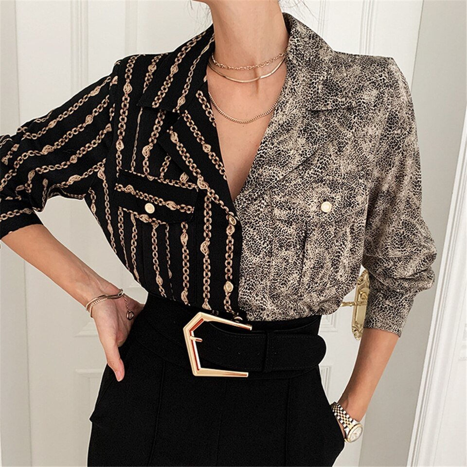 Women Blouse 2022 Chemise Femme Office Lady Button Up Turn Down Collar Shirt Women Spring Ladies Patchwork Blouse Femme 15891