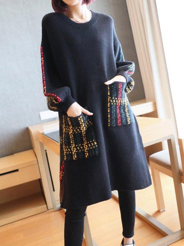 Color Stripes Plaid Loose Round-Neck Knitted Sweater Dress