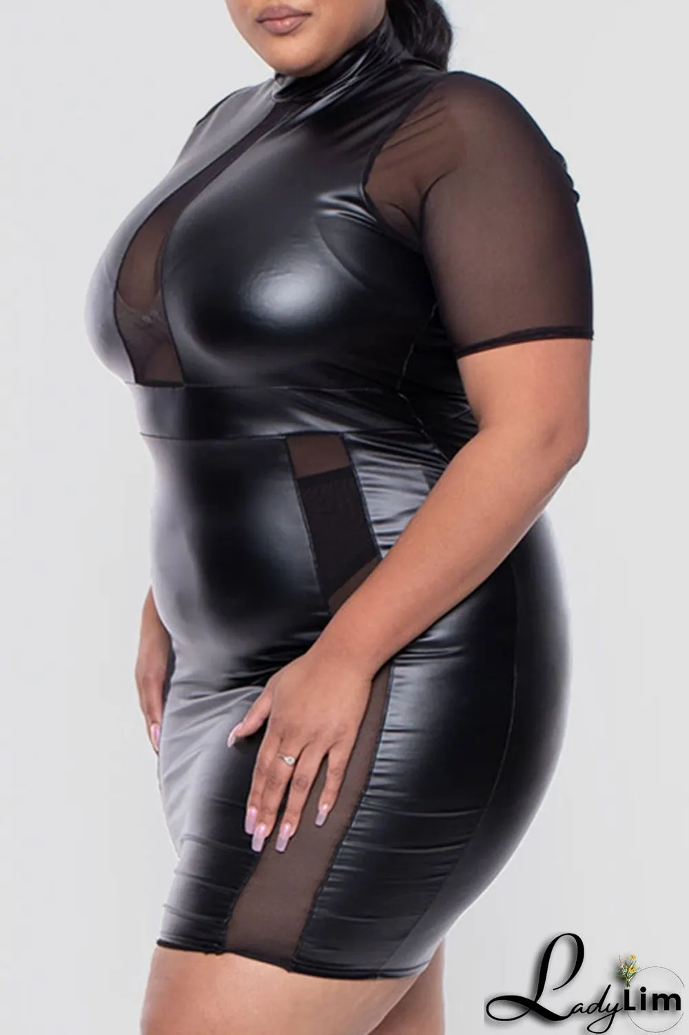Black Sexy Solid Patchwork Half A Turtleneck One Step Skirt Plus Size Dresses