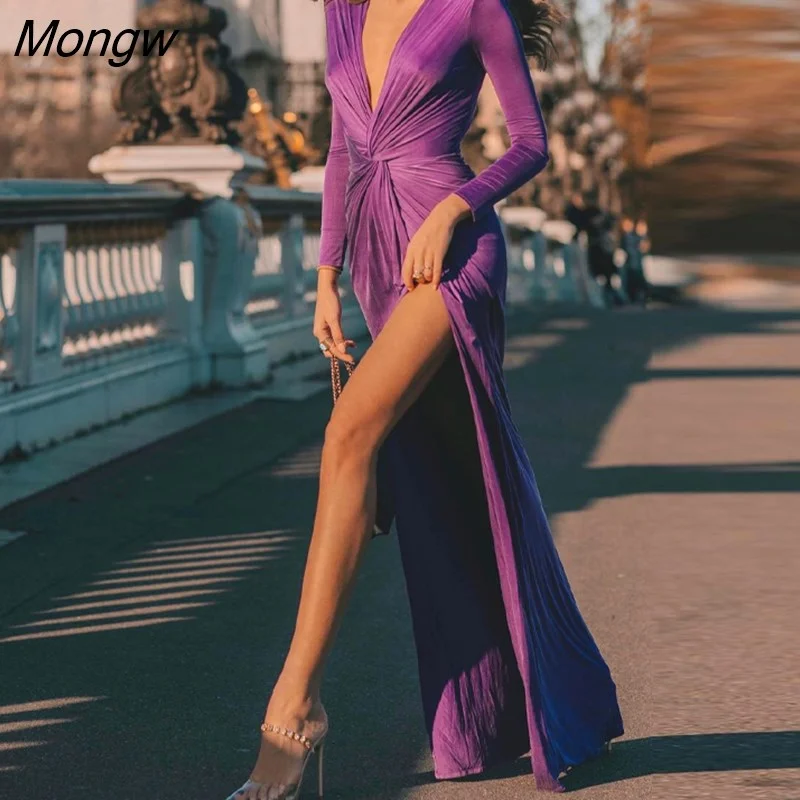 Mongw Women Solid Elegant Glamourous Long Sleeves Deep V Neck Criss-cross Maxi High Silt Bodycon Party Formal Dress
