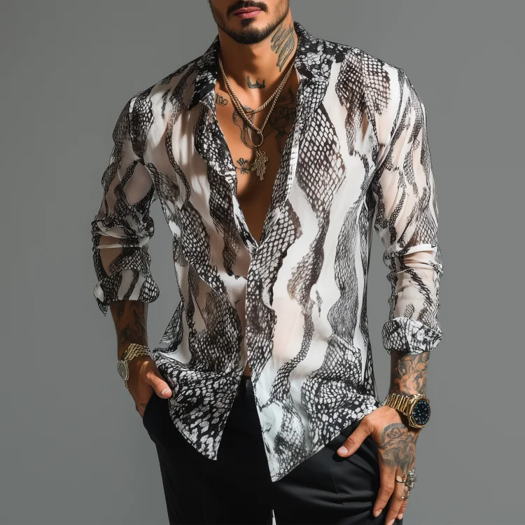 Okaywear Chiffon Snakeskin Print Slightly See-Through Long Sleeve Shirt Okaywear
