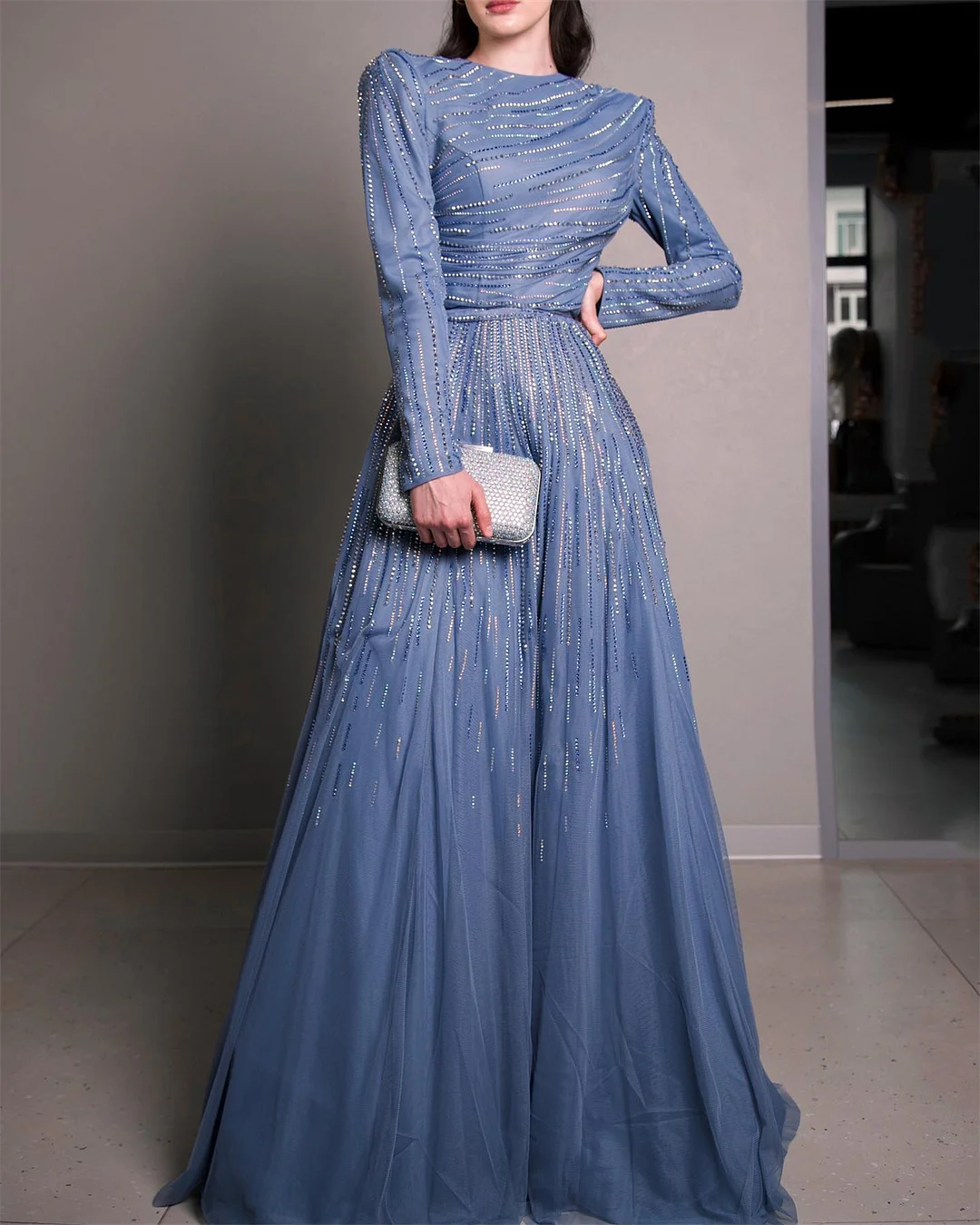 Women's Blue Long Sleeve Sequin Dress