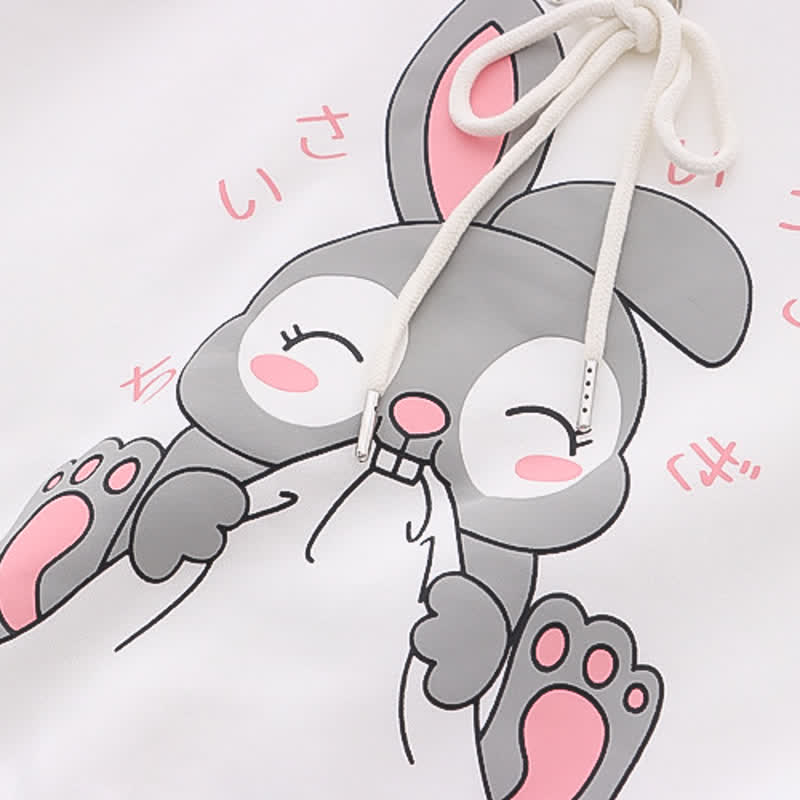 Cartoon Rabbit Print Lace Up Loose Plush Hoodie