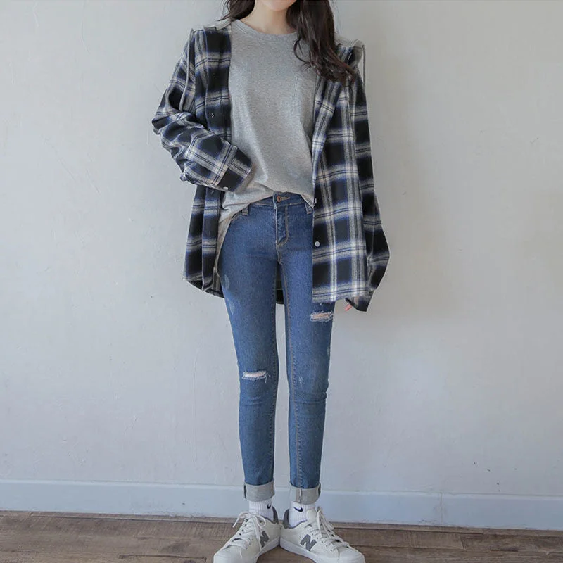 Basic Jackets Women Long Sleeve Plaid Hooded Lace-up Patchwork Womens Outwear Preppy-style Students Ulzzang Casual BF Fashion
