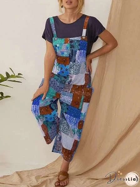 Women's Clothing Bohemian Character Print Suspenders Jumpsuit
