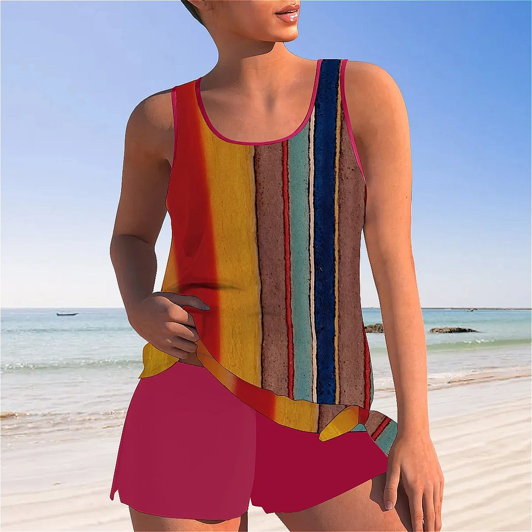 Bowknot Striped,Blue,Red,Brown Mid Waisted Tankini Set - Plus Size Available