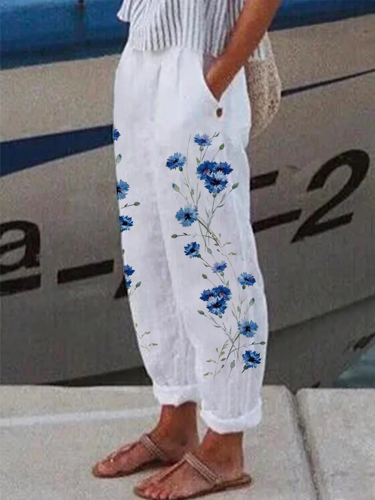 Casual Floral Printed Cotton Linen Pants