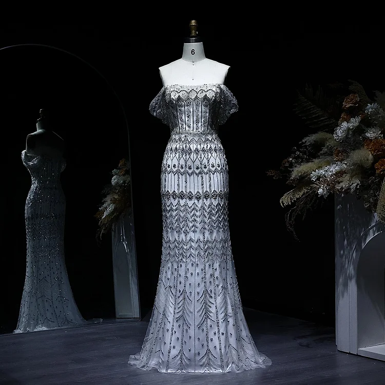 Arabic White Luxury Dubai Mermaid Evening Dress with Cap Sleeves