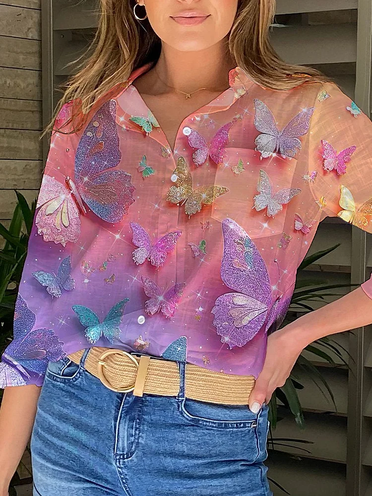 Rainbow Color Crystal Butterflies Art Printed Women's Casual Shirt