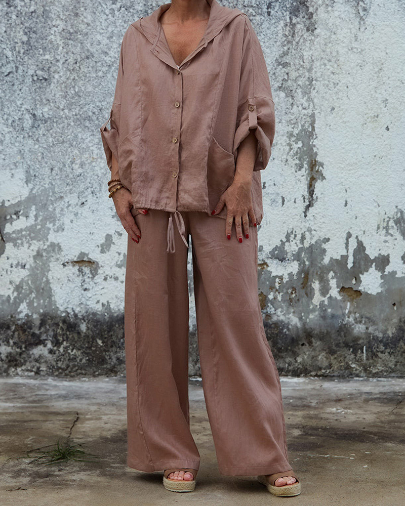 Button Up Drawstring Long Sleeve Hood Shirt & Wide Leg Pants Set