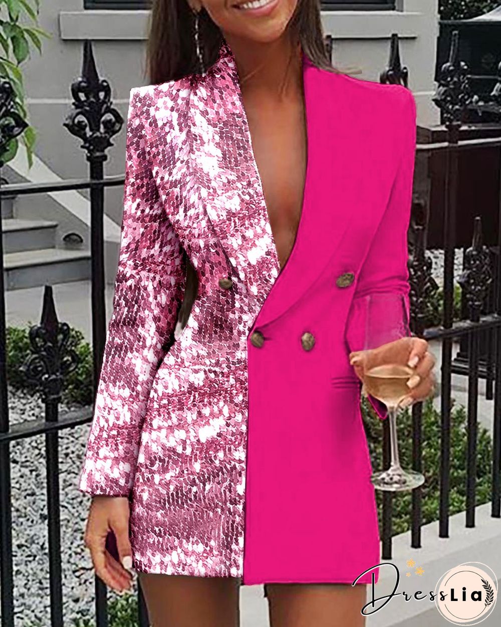 Sequins Colorblock Double Breasted Blazer Dress