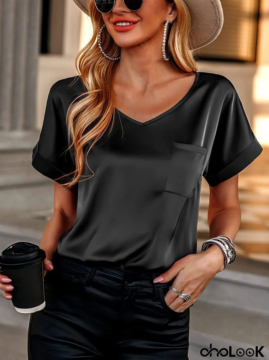 V Neck Pocket Rolled Short Sleeve Loose Casual T-Shirt
