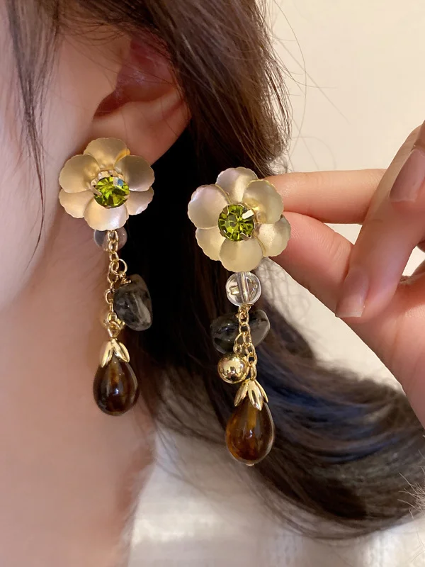 Flower Shape Geometric Rhine Stones Solid Color Split-Joint Drop Earrings