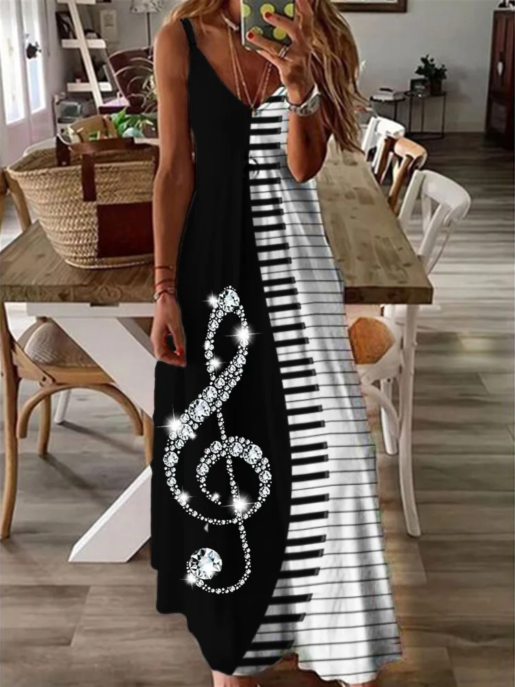Glitter Treble Clef Piano Contrast Maxi Dress