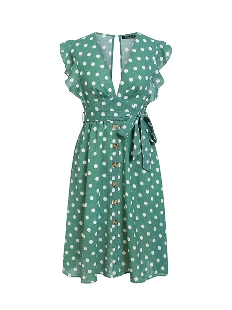 Sexy V-neck Dress Polka Dot Ruffle Sleeve Midi Dress