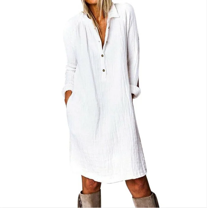 Solid Color Cotton and Linen Long Sleeve Dress