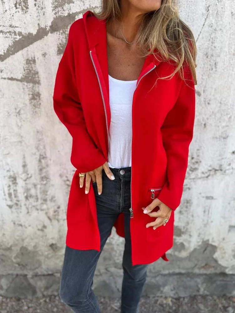 Solid Round Neck Zipper Long Sleeve Casual Jacket