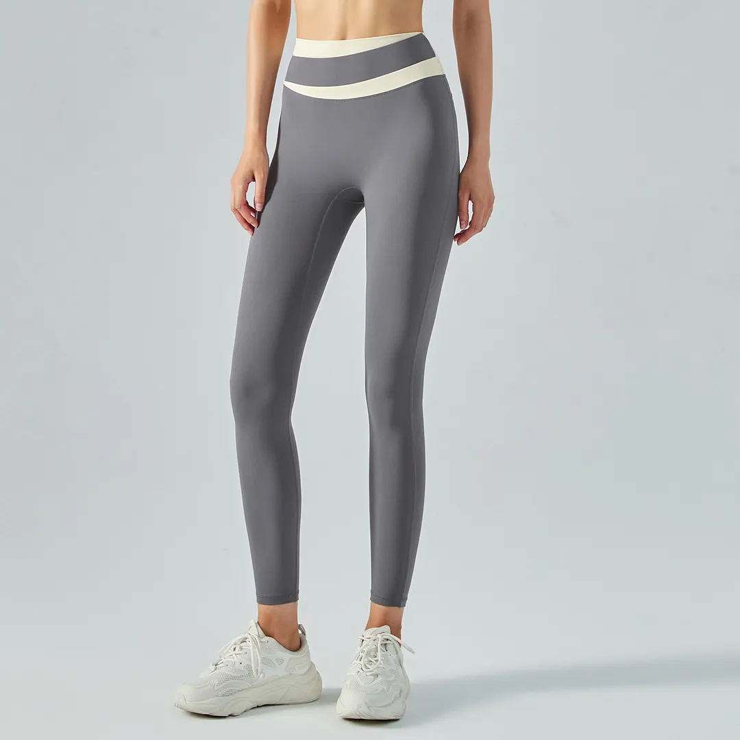 Hergymclothing Titanium women's thin contrast stitch yoga pants without front seam for sale