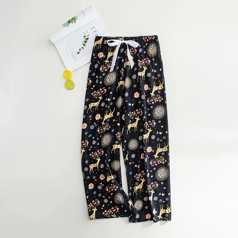 Jangj Women Spring Summer Thin Sleep Pants 2023 Home Pants Floral Printed Pajama Pants Wide Leg Loose Plus Size Calf-length Bottoms