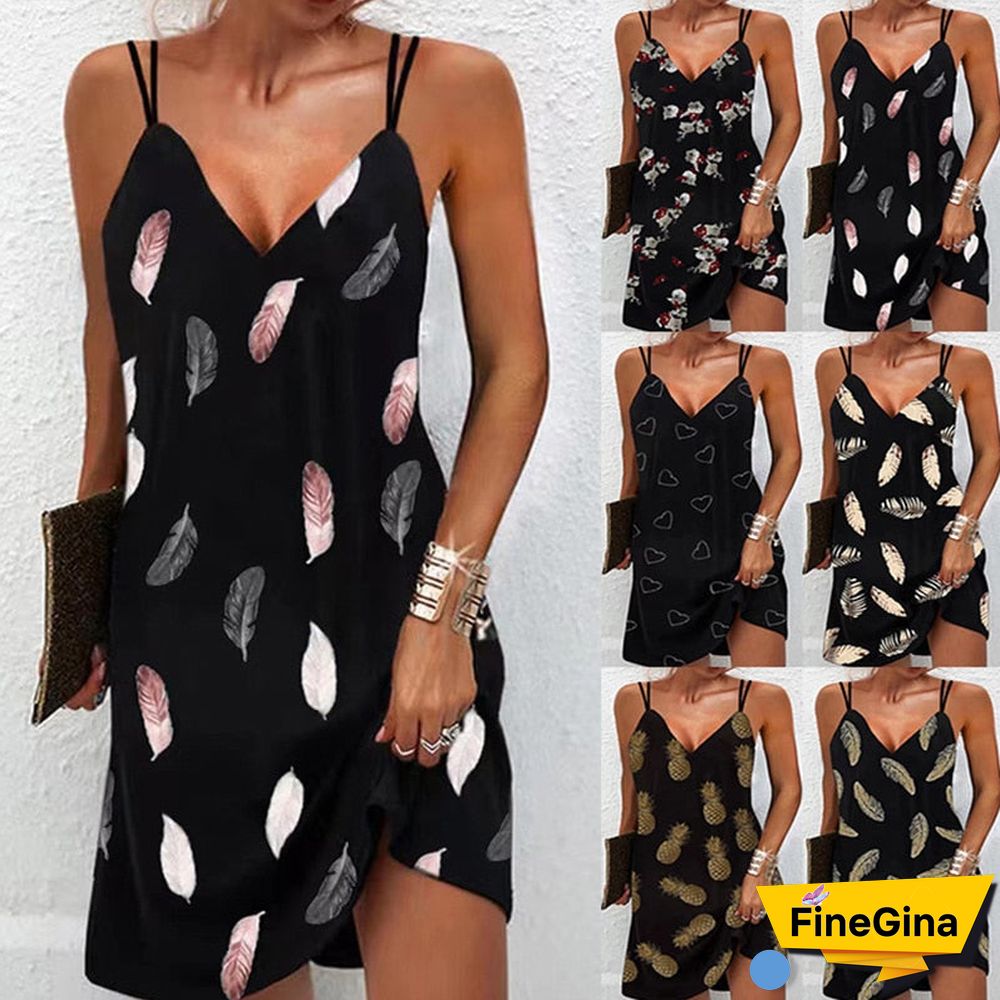 Back To School Outfits   Women Sexy V Neck Printed Dress Summer Fashion Casual Loose Sleeveless Dress Female Beach Party Black Sling Mini Dresses