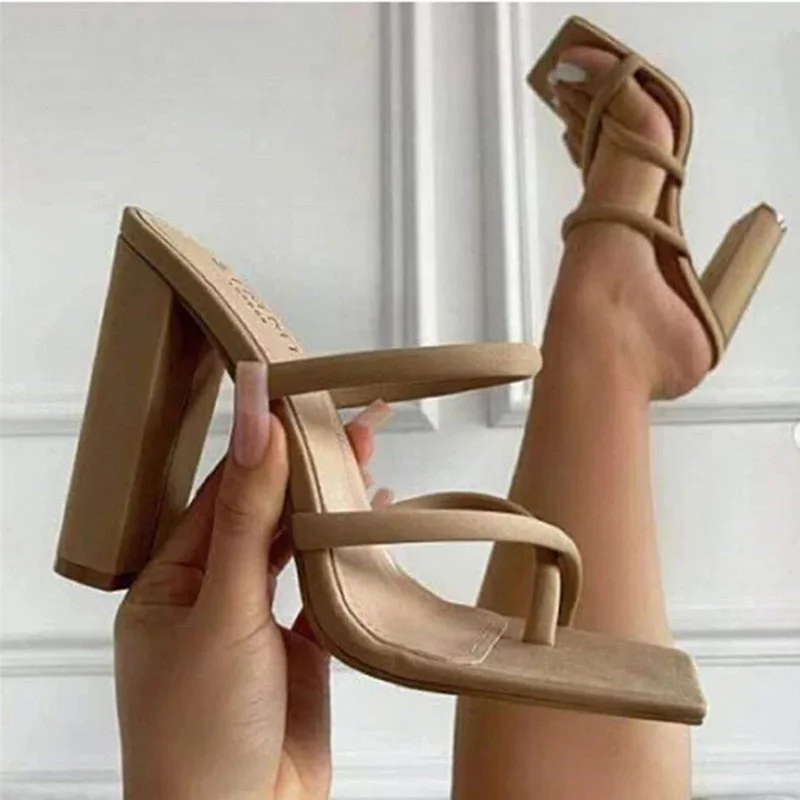 Women Sandal Summer Sprint Strappy Heels Sandals Slippers Women High Heels Flip Flops Square Toe Slides Party Shoes Lady Brown