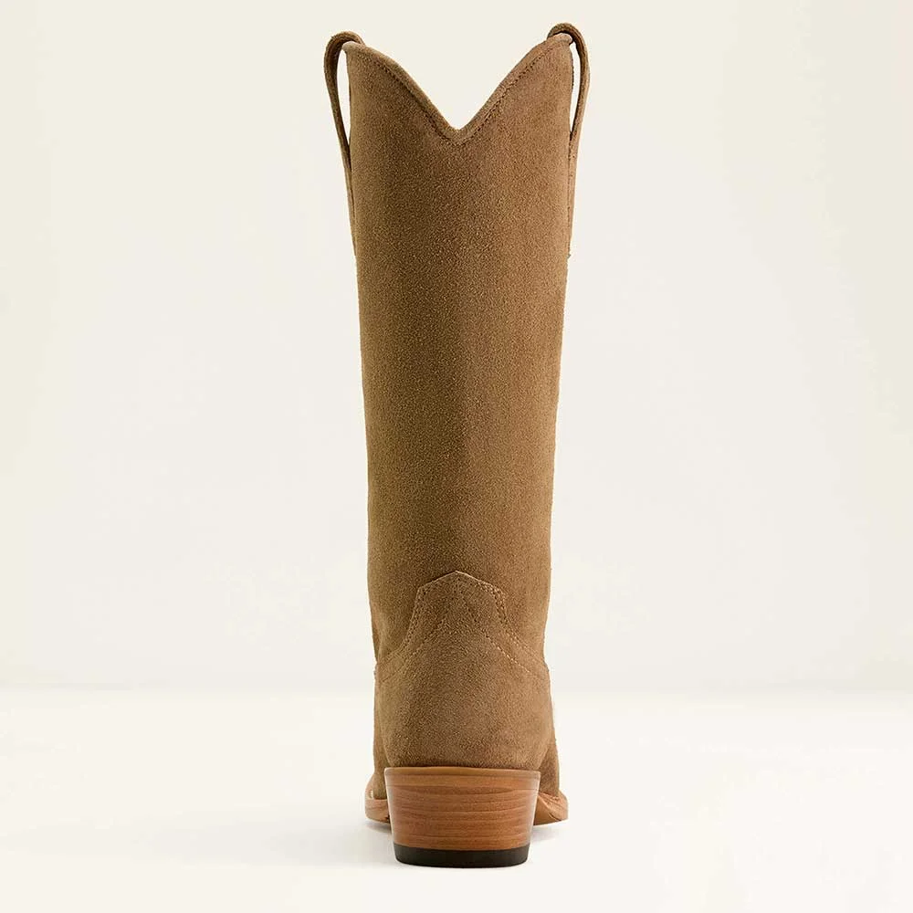 Women's Closed Toe Slip On Low Heel Tan Cowgirl Boots with Mid Calf