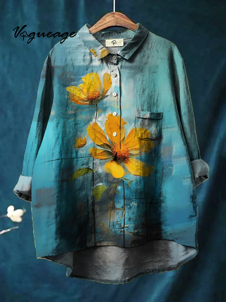 Quiet Elegant And Capable Flowers Printed Cotton And Linen Shirt