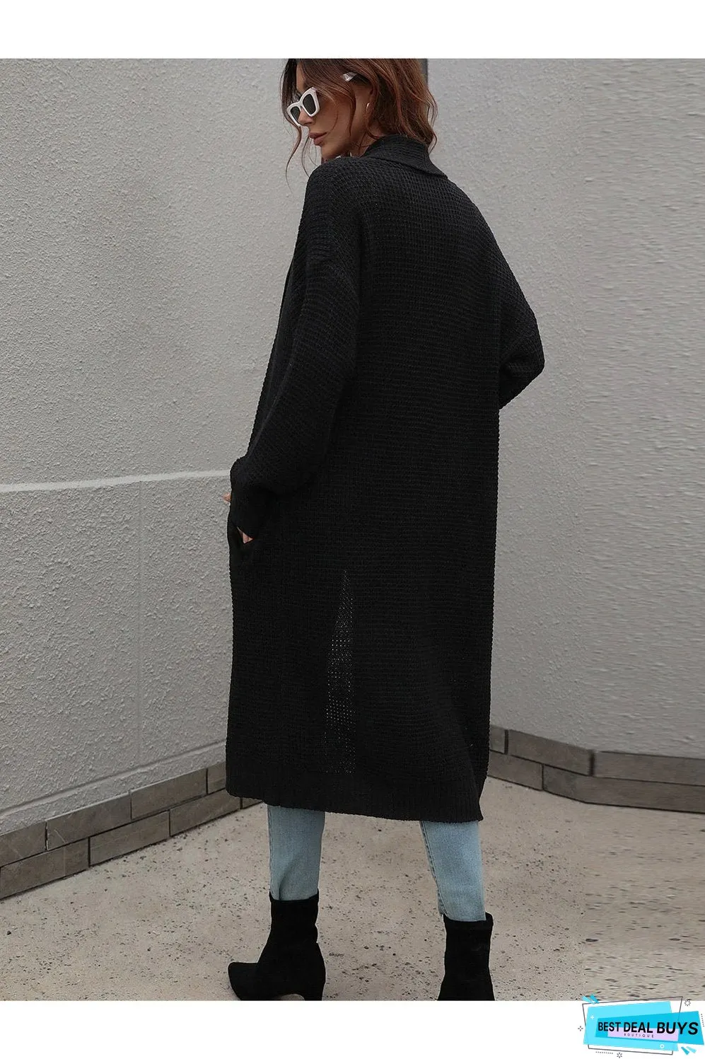 Waffle Knit Open Front Duster Cardigan With Pockets