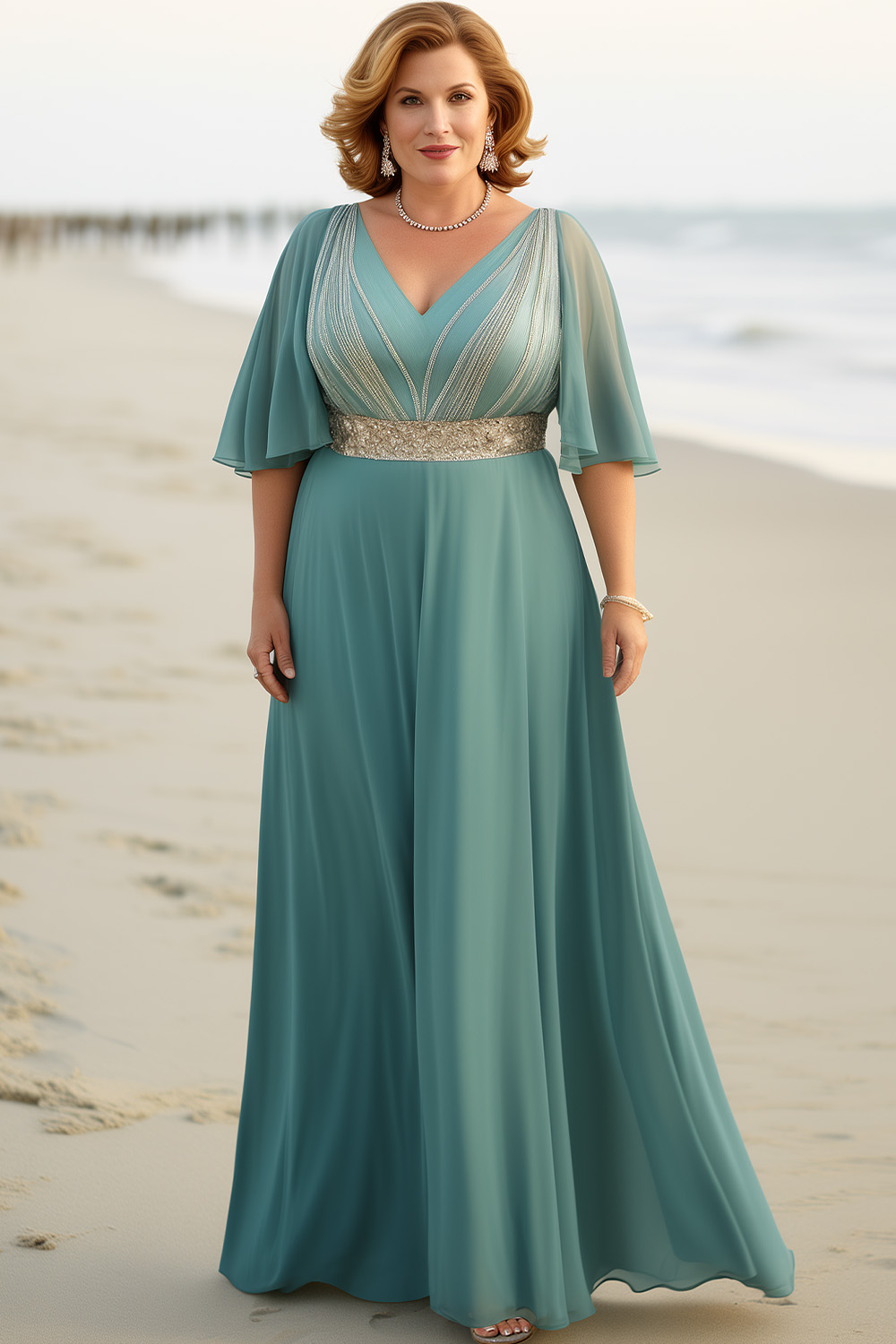 Flycurvy Plus Size Mother Of The Bride Lake Blue Chiffon Flutter Sleeve Empire Waist Maxi Dress