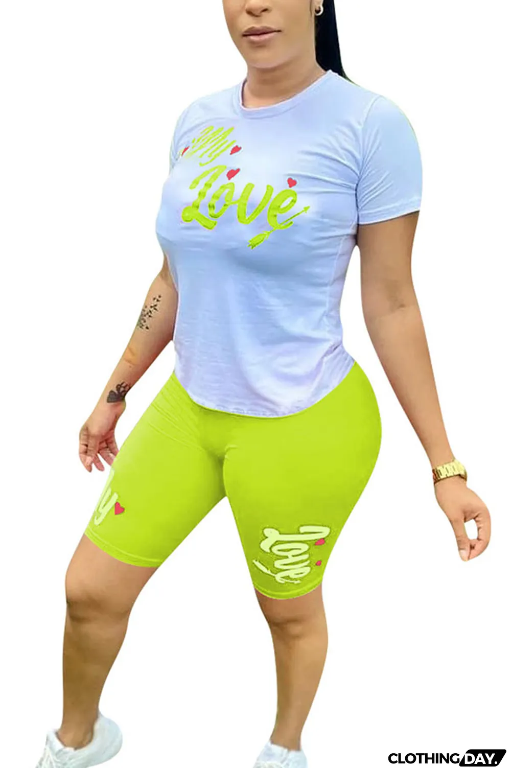 Yellow Fashion Casual Letter Print Two Piece Suits pencil Short Sleeve Two Pieces