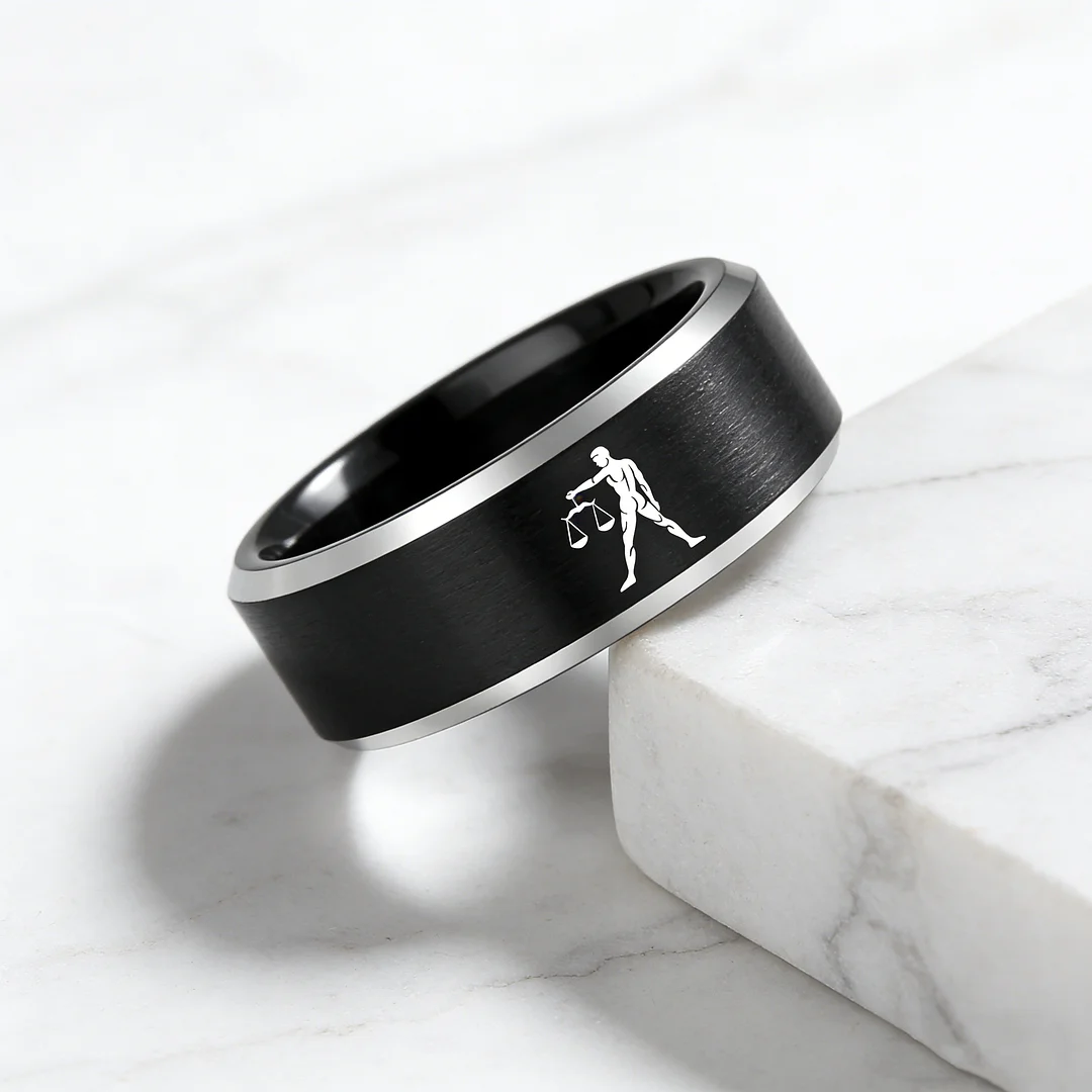 Black Libra Tungsten Carbide Rings Beveled Edges Black Laser Etched Couple Wedding Bands 4MM 6MM 8MM