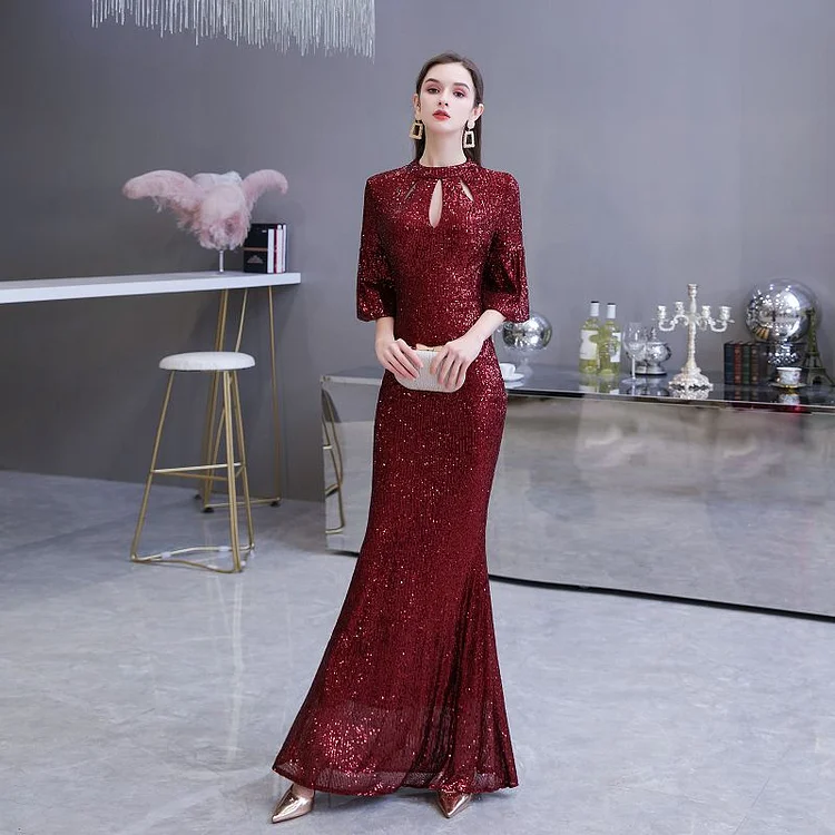 Women Sequin Party Dress for Women Sexy Half Sleeve Formal Long Dresses Burgundy Evening Prom Gowns
