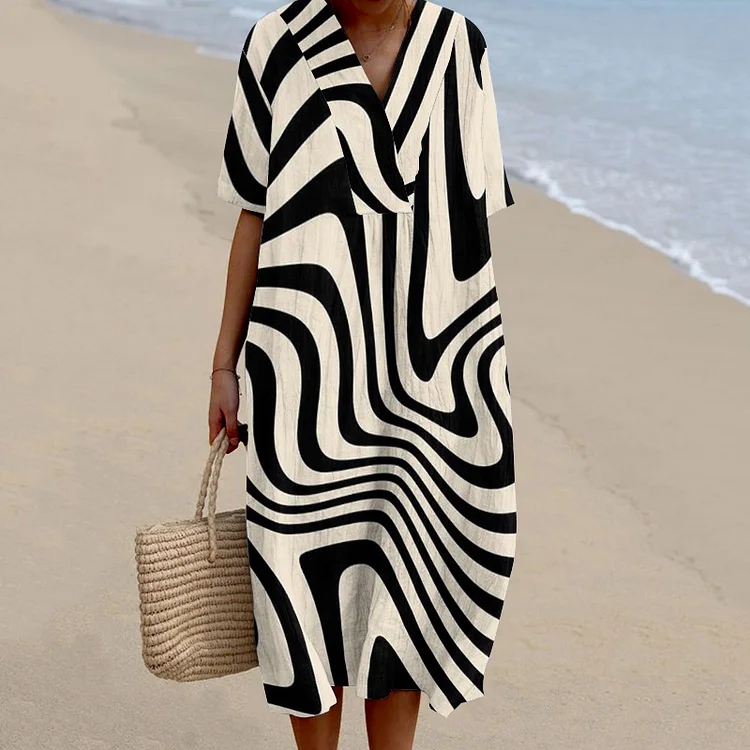 Comstylish Abstract Striped Art Print V-Neck V-Neck Loose Midi Dress