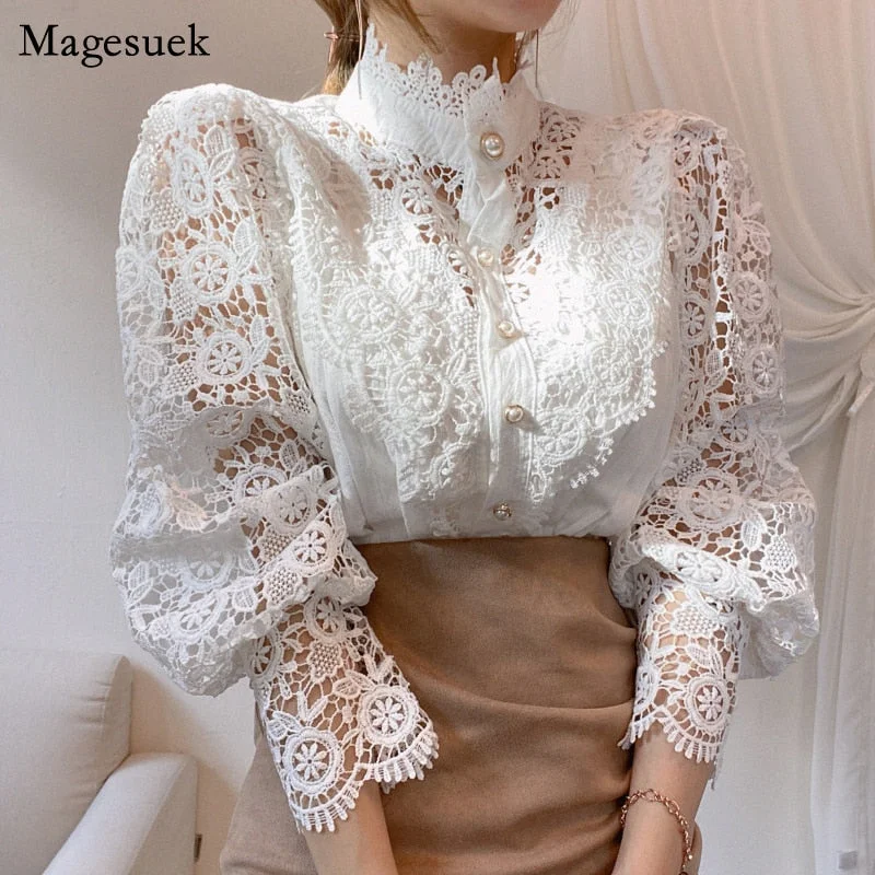 New 2021 Sweet Hollow Out Lace Patchwork Women Blouse Chic Button White Top Petal Sleeve Flower Stand Collar Shirt Blusas 12419