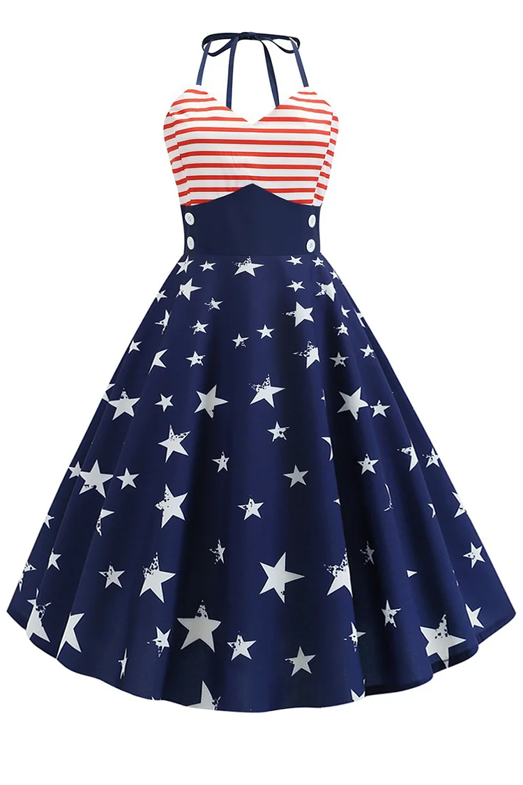 1950s Navy Blue Party Halter Stripe Star Print Flare Swing Midi Dress
