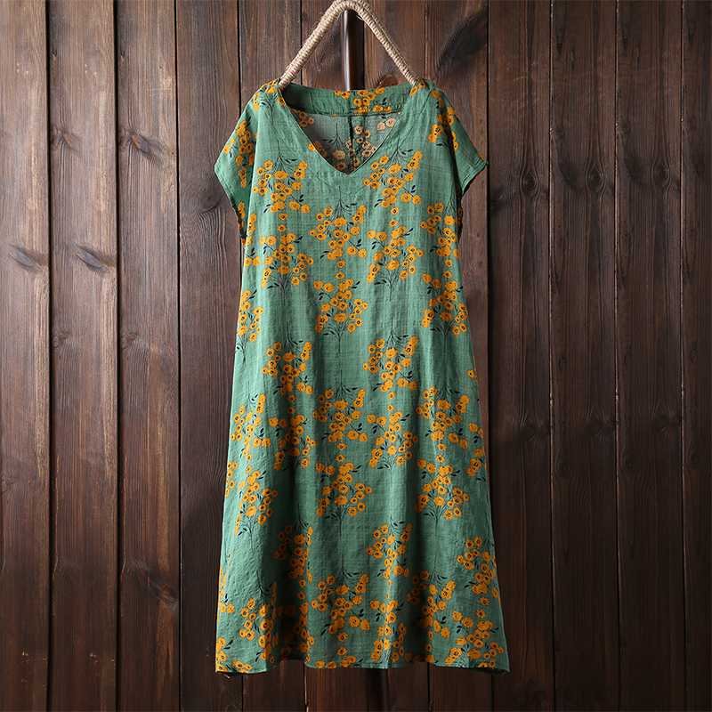 2022 Summer Floral Printed Midi Dress Women Retro V Neck Short Sleeve Loose Vestido Casual Vintage Cotton Linen Sundress Kaftan