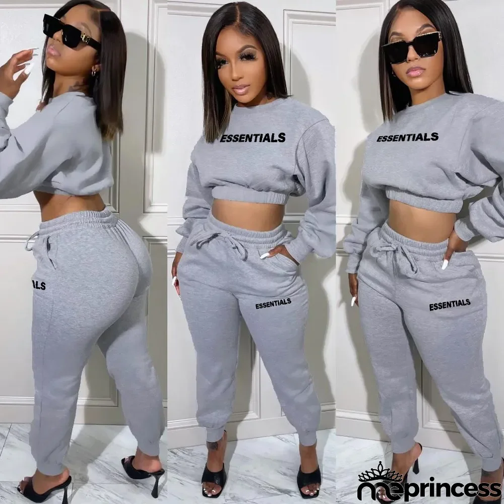 Women's Fleece Two Piece Round Neck Pullover Cropped Sweatsuit