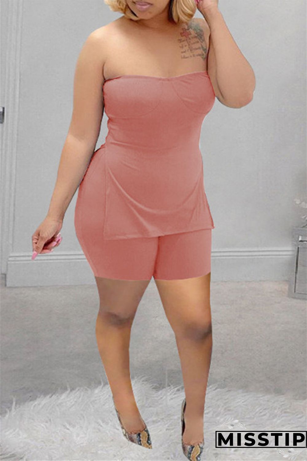 Coral Powder Sexy Casual Solid Backless Slit Strapless Sleeveless Two Pieces