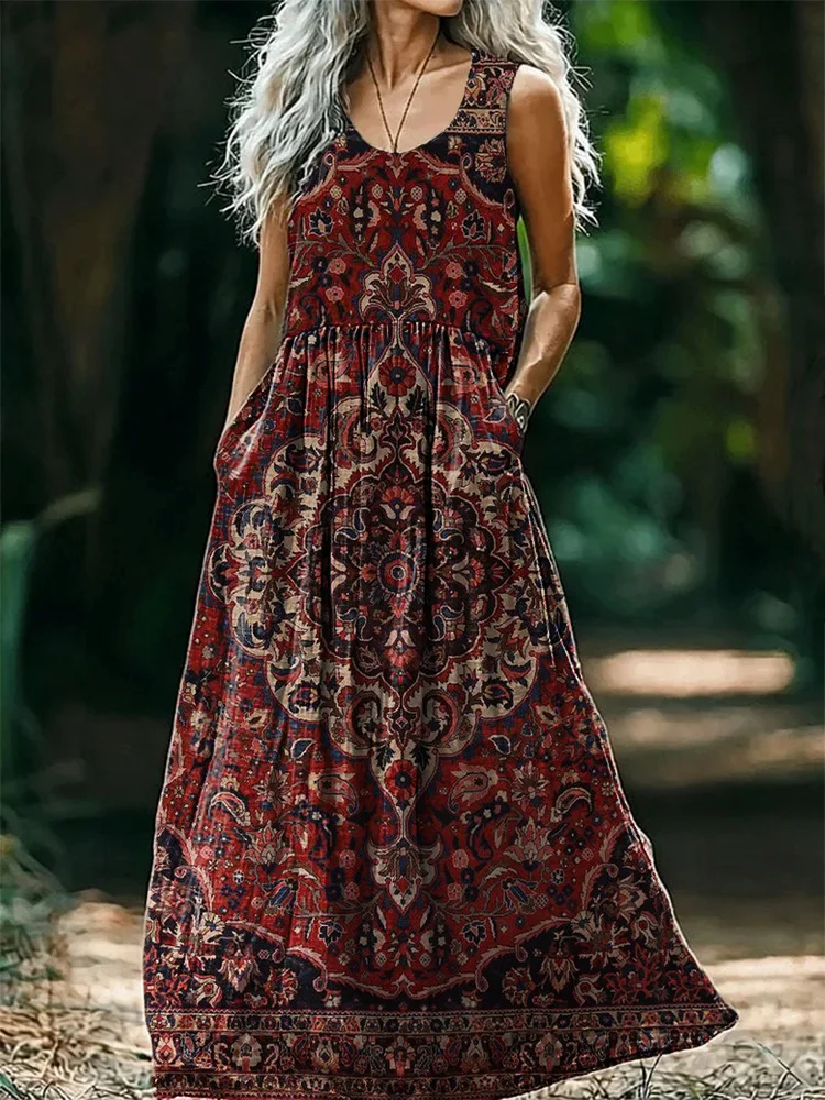 Women's Vintage Ethnic Tattoo Pattern Art Print Round Neck Sleeveless Cotton Pocket Dresses