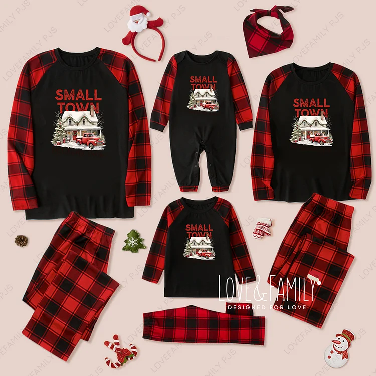 Small Town Christmas Family Pajamas Buffalo Plaid PJs Sets(Black)
