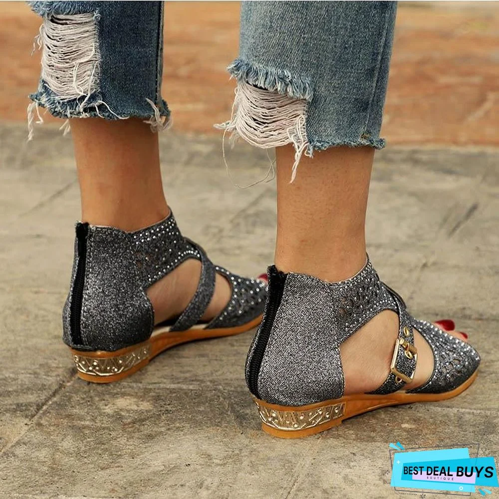 Women Wedges Heel Buckle Strap Gladiator Sandals Peep Toe Low Heels Sandals