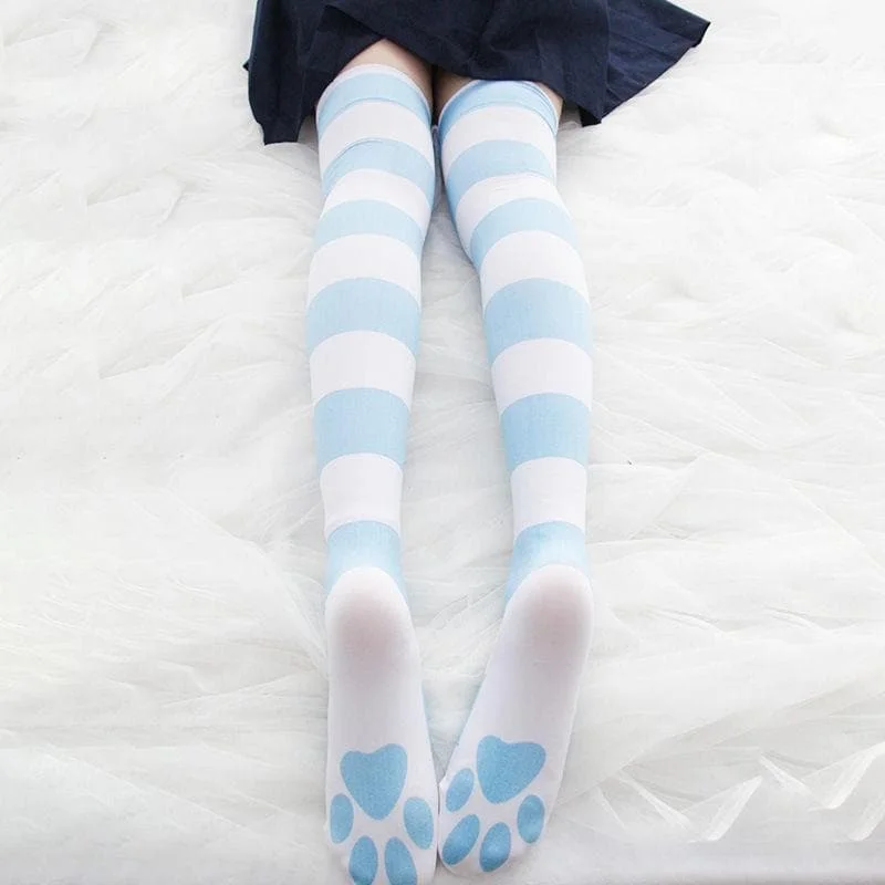 Sweet Striped Cat Paw Prints Over-the-knee Socks SP15329