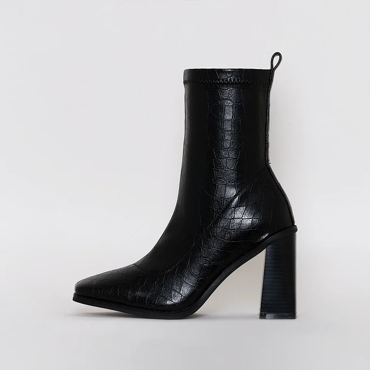 Black Bamboo Chunky Heel Boots Pointy Toe Mid Calf Boots |FSJ Shoes
